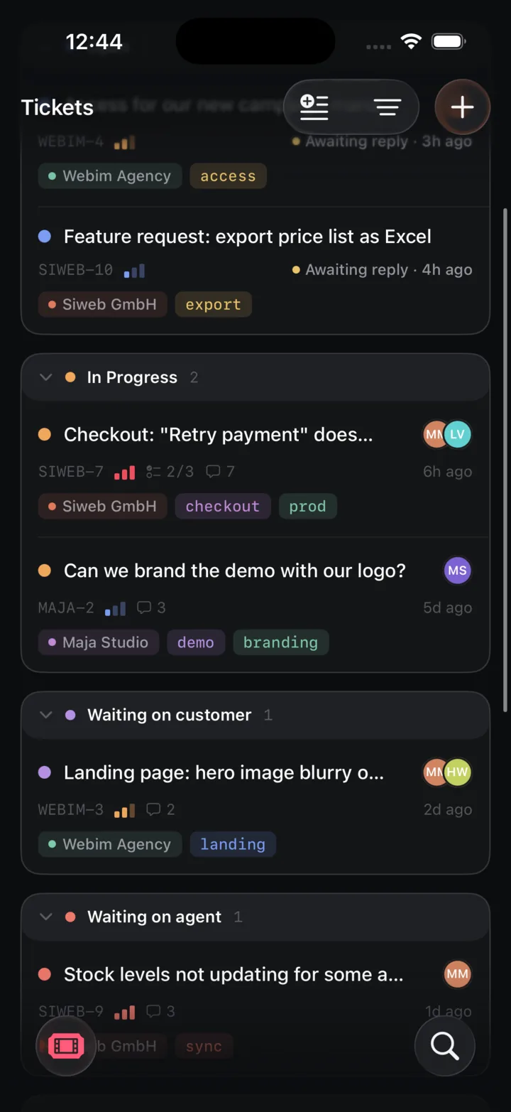 Trackr iOS ticket list grouped by In Progress, Waiting on customer and Waiting on agent, each ticket showing the customer organization and tags